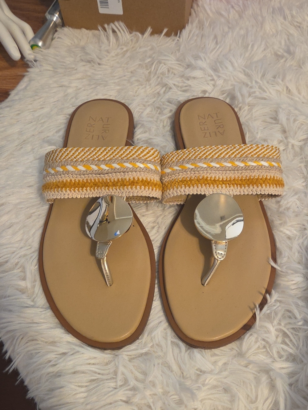 Naturalizer Yellow and Gold Braided Thong Slide Sandals with Metallic Accent NEW